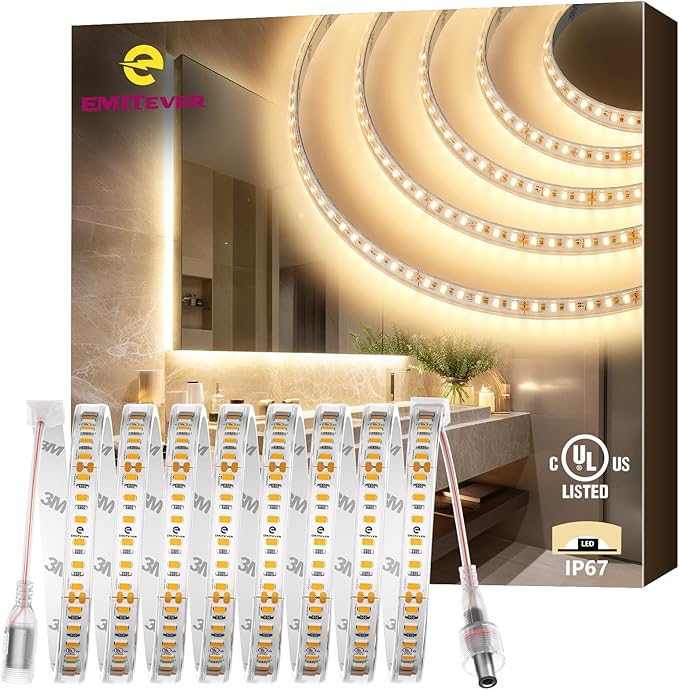 EMITEVER Outdoor LED Strip Lights Waterproof 3000K Warm White, 16.4ft IP67 24V Tape Light UL Listed, 240+LM/ft, High Density 600LEDs, Lighting for Bathroom,Pool,Patio,Garden(Power Supply Not Included)