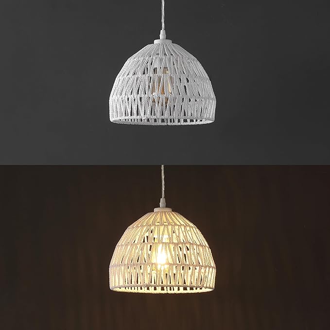 JONATHAN Y 10.25" White Modern Bohemian Woven Rope LED Pendant Light Fixture, Adjustable Dome Ceiling Lamp for Kitchen Island, Rope Shade, Coastal Farmhouse Decor (JYL6513A)