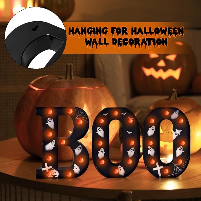 Halloween Lights Indoor Decorations - Battery Operated Boo LED Letters for Wall, Home, Party Room Halloween Decor