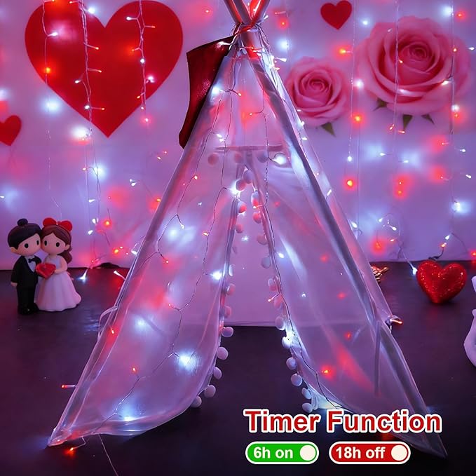 QITONG Red and White Valentine String Light Outdoor, 165ft 500 LED Clear Wire Christmas Lights Plug-in, 8 Modes Twinkle Xmas Light Indoor