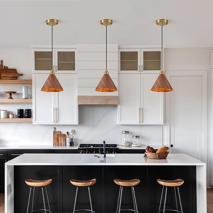 3 Pack Pendant Lights Kitchen Island, 8.3” Small Wood Pendant Light, Adjustable Height Hanging Light Fixtures, Kitchen Island Lights for Dining Room, Bedroom, Hallway, Bar (Walnut)