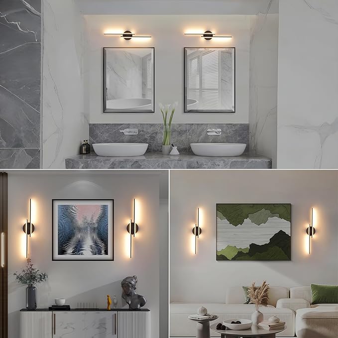 Rechargeable Battery Operated Wall Sconce Set Of Two, Black Wireless LED Wall Sconces With Remote Control, Dimmable 3 Colors Cordless wall lights for Living Room, bedroom, Hallway, 23.6 Inch ( 2pcs)