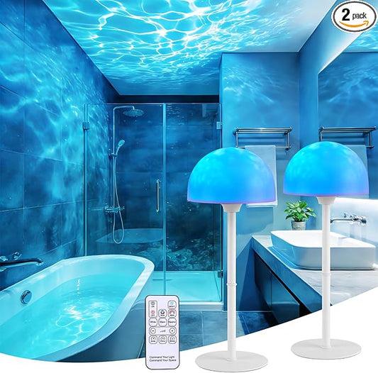 2 Pack Waterproof Shower Lamp, Spa-Like Cordless Shower Light, 18-Colour LED Ocean Wave Projector Lights, Rechargeable Shower Light with Remote and Touch Control for Bathroom, Bathtub