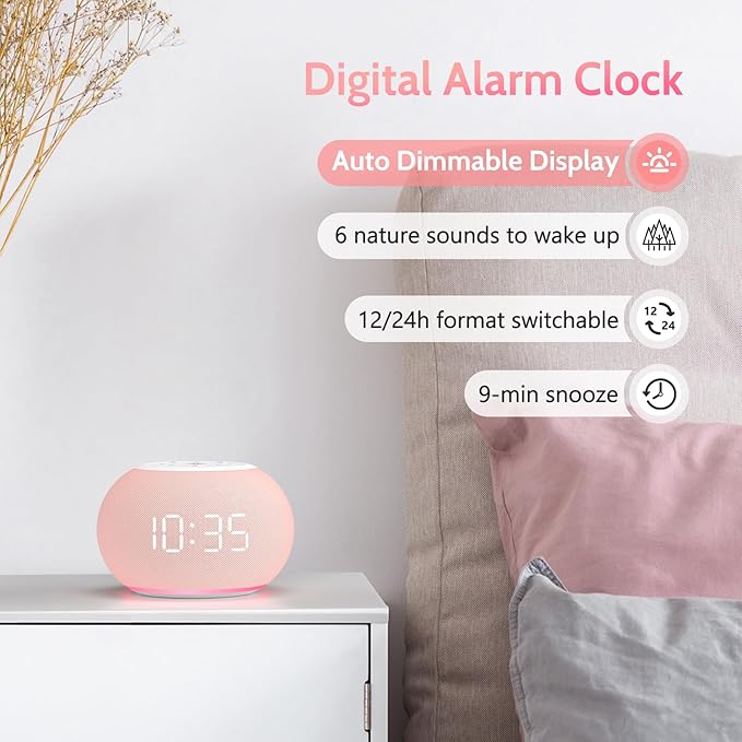 Reacher Auto Dimmable Sound Machine Alarm Clock with Night Lights, 20 Soothing Sounds, Sleep Timer, Precise Volume Control, Cute White Noise Soother for Girls, Kids, Bedrooms, Office