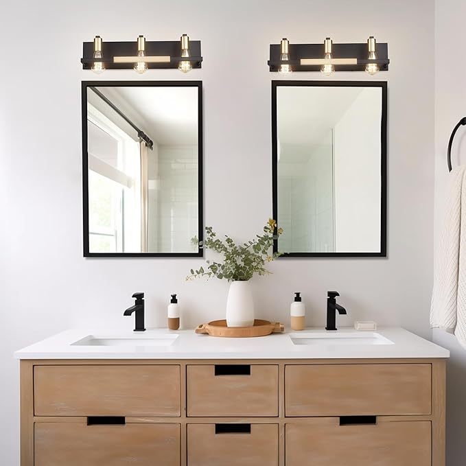 Hamilyeah Rustic Bathroom Light Fixtures Over Mirror, Matte Black and Gold Vanity Lights for Bathroom, 3 Light Vintage Wall Lighting Fixtures,Industrial Kitchen Wall Mounted Lighting