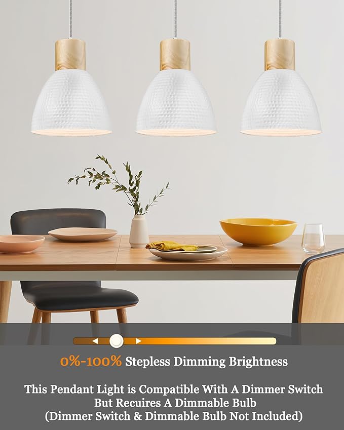 ELYONA 2 Pack Hammered Pendant Light Fixtures, 10.2” Metal & Rubber Wood Island Hanging Lamp, Adjustable Height, Modern Pendant Lighting for Kitchen,Farmhouse Bar,Dining Room,Bedroom, Nordic White