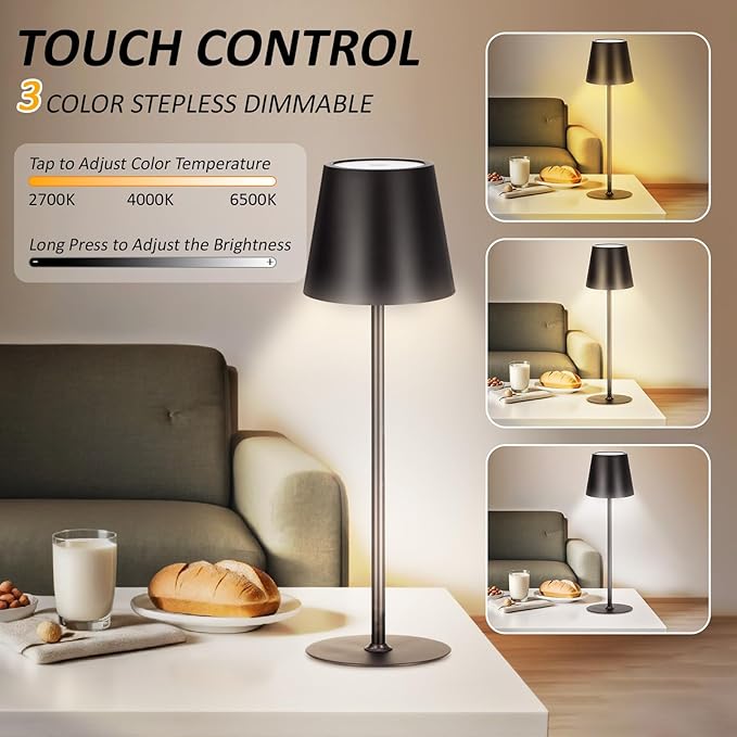 Retisee 12 Pack Cordless Table Lamp Portable Led Rechargeable Desk Lamp 3000mah Battery Operated 3 Color Stepless Dimming Waterproof Light Touch Control for Bedroom Restaurant Bars Coffee Shop Camping