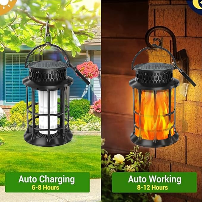 Solar Lanterns Outdoor Waterproof,Upgraded Flickering Flame Lights, Hanging Solar Lanterns Lights, Solar Powered Lights Decorative for Garden Yard Pathway, 1 Pack
