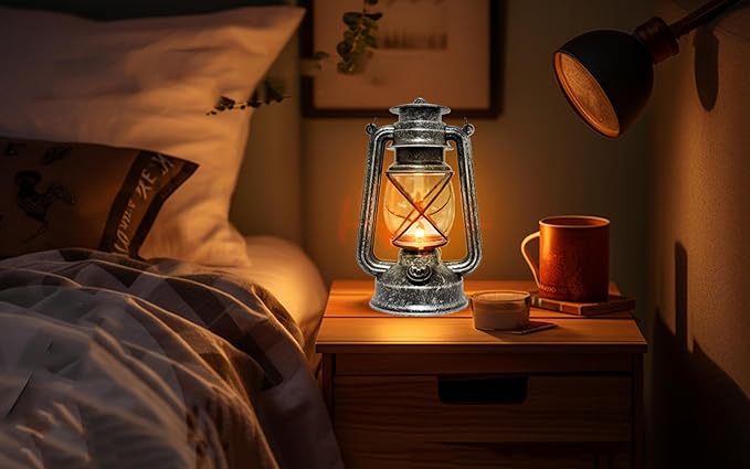 Vintage LED Outdoor Lantern Battery Powered Lanterns with Flame Wick Waterproof Camping Lamp Non-Solar Hanging Lantern Lights Landscape Decor for Indoor/Outdoor Use- Silver Color