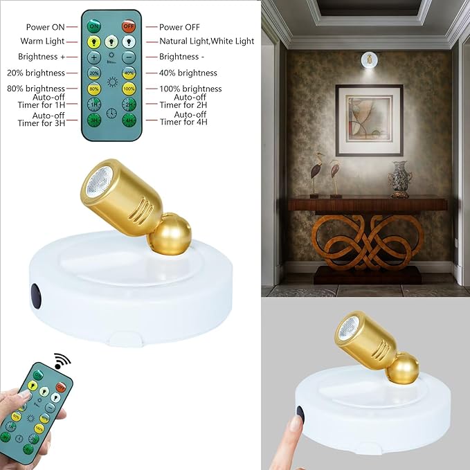 Picture Light Battery Operated, 3 Color Temperatures Picture Light with Remote, Indoor LED Spot Lights for Plants for Wall Frame Dartboard Art Painting Display Accent-White Gold