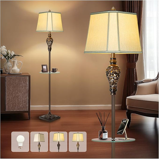 Rustic Floor Lamp for Living Room with Nightlight and Glass Tray, Vintage Standing Lamp with Beige Faux Silk Shade, Farmhouse Tall Lamp for Bedroom Study Home Office Hotel Bar - Brown (Bulb Included)