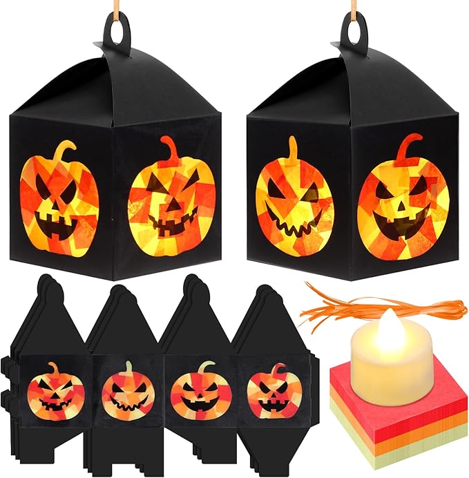 12 Sets Halloween Jack-O-Lantern Crafts with LED Candlelight Jack-o-Lantern Tissue Paper Crafts Kits DIY Pumpkin Suncatchers Lanterns Kits Hanging Spooky Supplies for Halloween Party Decors