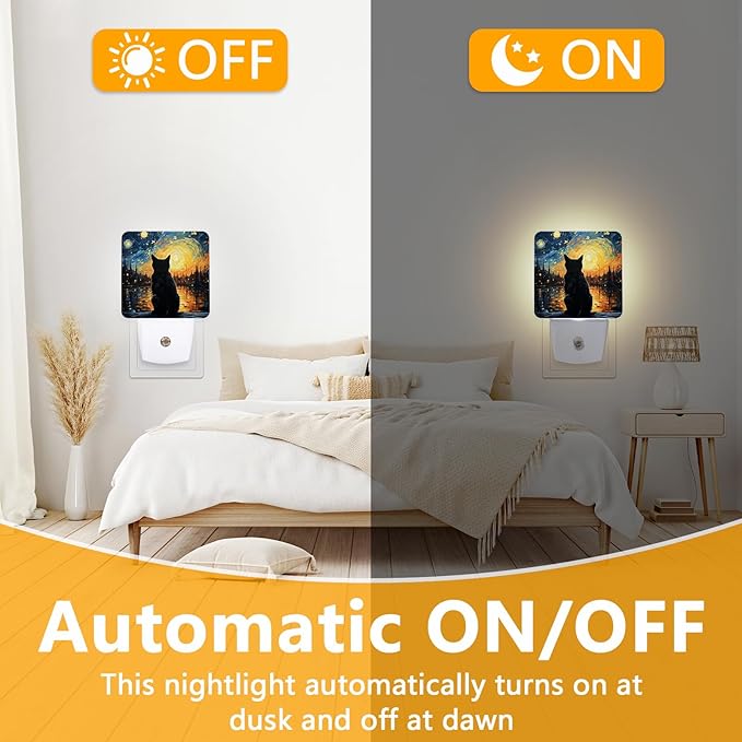 Lonely Cat Night Light, Plug-into Starry Night Nightlight White LED Lamp, Energy Efficient Decor Desk Lamp for Bedroom Hallway Stairs Bathroom