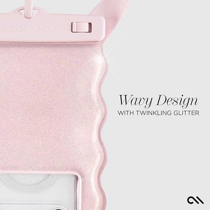 Case-Mate Wavy IP68 Waterproof Phone Pouch - Large Floating Phone Case w/Crossbody Lanyard - Cruise Ship Travel Essentials Compatible w/All Devices - Hidden Pocket for Card/Cash- Ballet Pink Twinkle