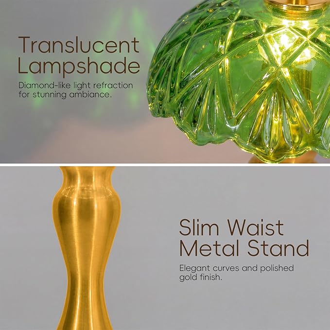 Cordless LED Table Lamp with Glass Shade, 3-Level Brightness & 3 Color Temperatures Touch Control, Rechargeable Portable Bedside Lamp for Nightstand Bedroom Living Room (Green)