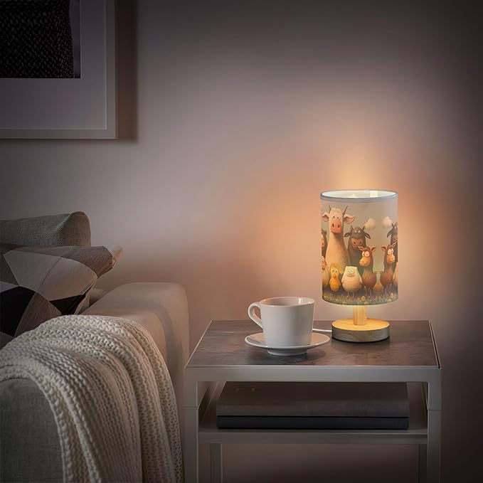 Cute Farm Animal in Floral Grass Table Lamp with Wood Base Fabric Lamp Shade Bedside Nightstand Desk Lamp for Living Room Bedroom Kids Room Office