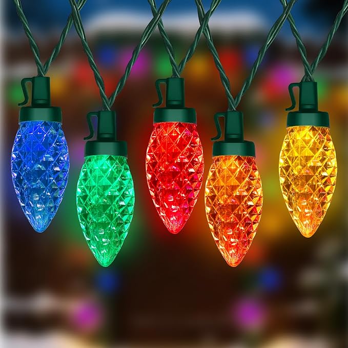 C9 LED Multicolor Christmas Lights Outdoor, 26FT Hanging Christmas Decorations Lights with 50 Diamond C9 Colorful Bulbs, Connectable Patio Light Waterproof for Tree Patio Roofline Holiday Party