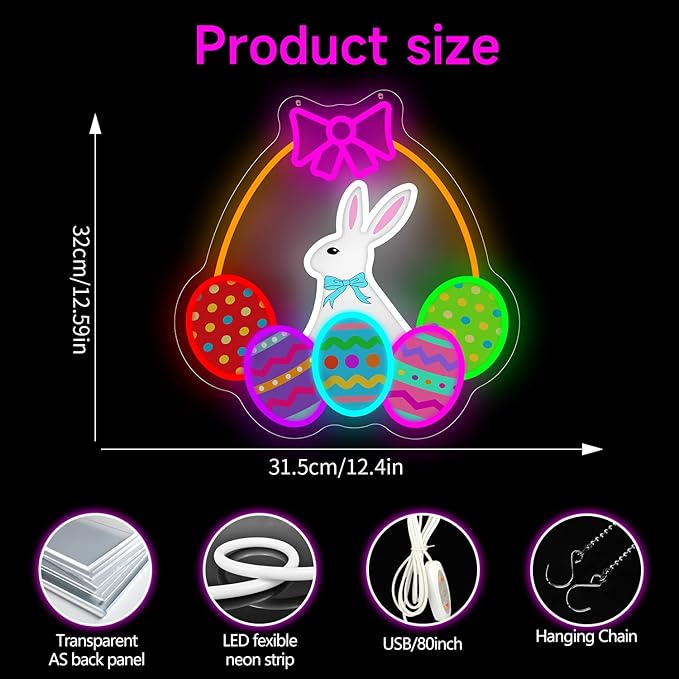 Easter Bunny Neon Sign Dimmable Happy Easter Neon Sign for Wall Decor Led Egg Basket Light Up Sign Bunny Hanging Decoration for Window