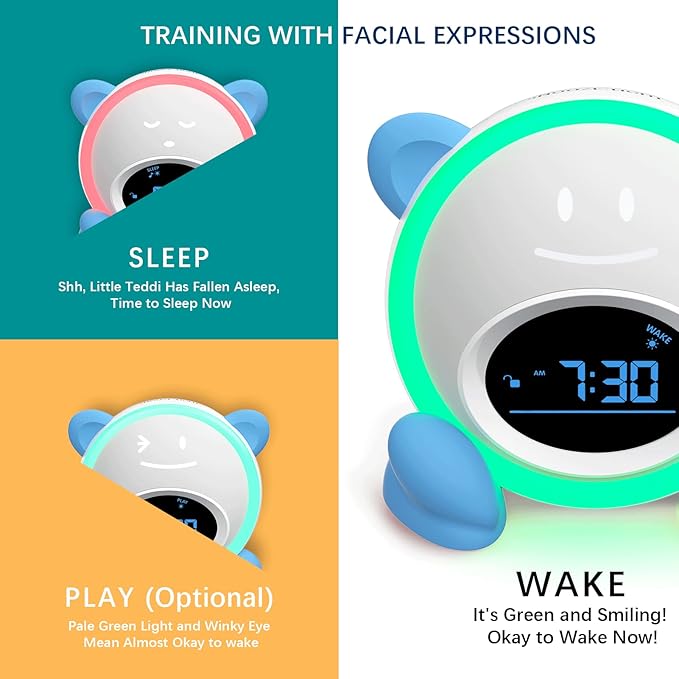 OK to Wake Clock for Kids, Sleep Training Clock with Night Light and Sound Machine, Kids Alarm Clock for Bedrooms, Blue