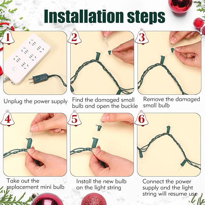 Mudder 60 Count Christmas Replacement Mini Light Bulbs with Base Christmas Tree Incandescent Wire String Lights Replacement Bulbs for Xmas Indoor Outdoor Decoration(Warm White,6vx0.08a)