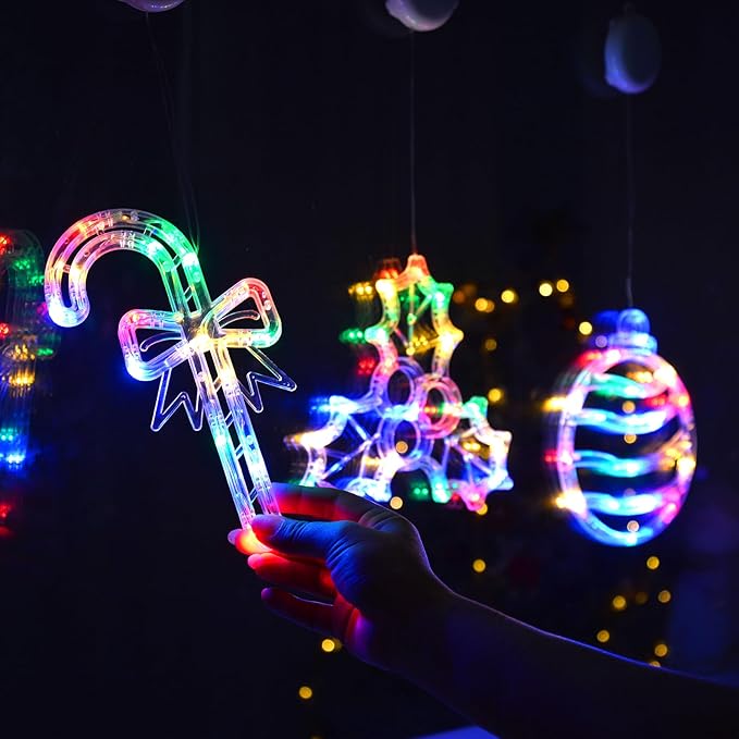 LOLStar Christmas Window Lights, 3 Pack Multicolor Christmas Ball, Holly Berry, Candy Cane LED with Suction Cups, Timer & Slow Fade, Battery Operated(Excluded) Christmas Decorations Light Up for Home