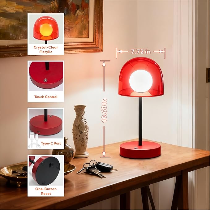 Small Mushroom Lamp Cordless, LED Wireless Mini Lamp Dimmable, Funky Battery Powered Lamp IP44, Orange Accent Lamp for Kitchen Counter Bathroom Dining Room, 7.7" W x 10.6" H (Reddish Orange)