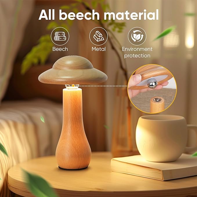 Portable Cordless Touch Switch Small Wooden Mushroom Lamp,Rechargeable Battery Operated, Stepless Dimming, 360 Degree Rotation Angle Adjustable Night Light