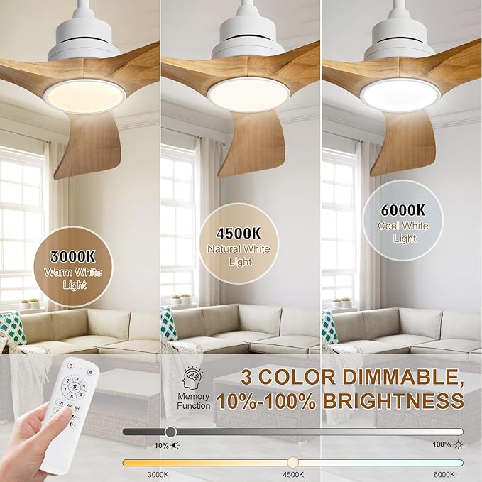 42 inch Ceiling Fan with Light and Remote Control,Wall Switch,Solid Wood Blades,Dimmable,Reversible Quiet DC Motor,Power Off Memory Modern White Ceiling Fan for Bedroom Patio Indoor/Outdoor Use