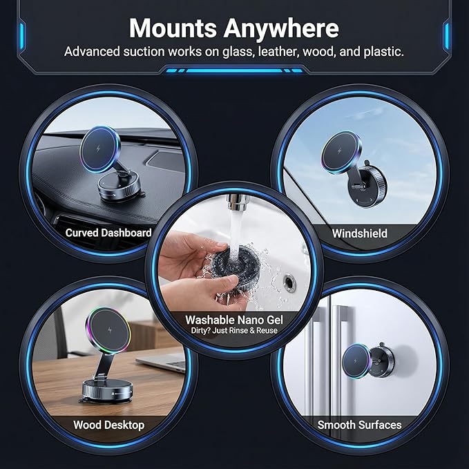 Vacuum Magnetic Phone Charging Holder Mount 15W Fast Wireless Charger for Car Magsafe 360° Adjustable Phone Holder with Nano Gel Suction Cup for iPhone 12-17 Pro Max (K3)