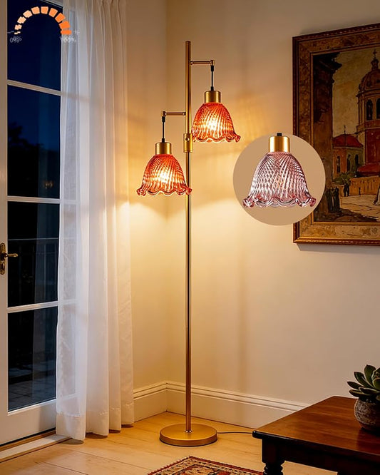 65IN Glass Floor Lamp, 2-Light Gold Tall Standing Lamps Dimmable with Rose Red Glass Lampshade, 3000K Warmwhite Mid Century Modern Floor Lamp for Living Room/Bedroom/Sofa Beside/Home Decor