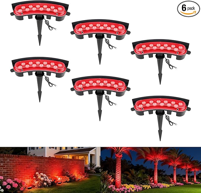 Red Color Flood Lights Low Voltage, 9W 12V LED Hard Wired Landscape Flood Wall Washer Lights Outdoor Waterproof for Uplighting Tree House, Super Bright, Aluminum, Black, 6Pack