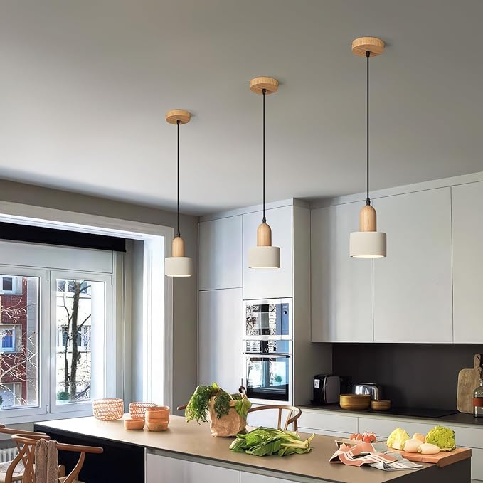 Modern Cement Pendant Lights White Chandelier Wooden Ceiling Lights for Bedroom Dining Room Living Room Kitchen Island bar（3 Pack）