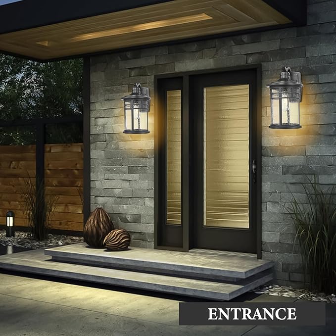 Darkaway Large Outdoor Porch Lights Wall Mount, 15inch Outdoor Light Fixtures Sconces Wall Lighting with Seeded Glass Exterior Lights for Patio Yard House Hallway Doorway Garage(Large, Black)