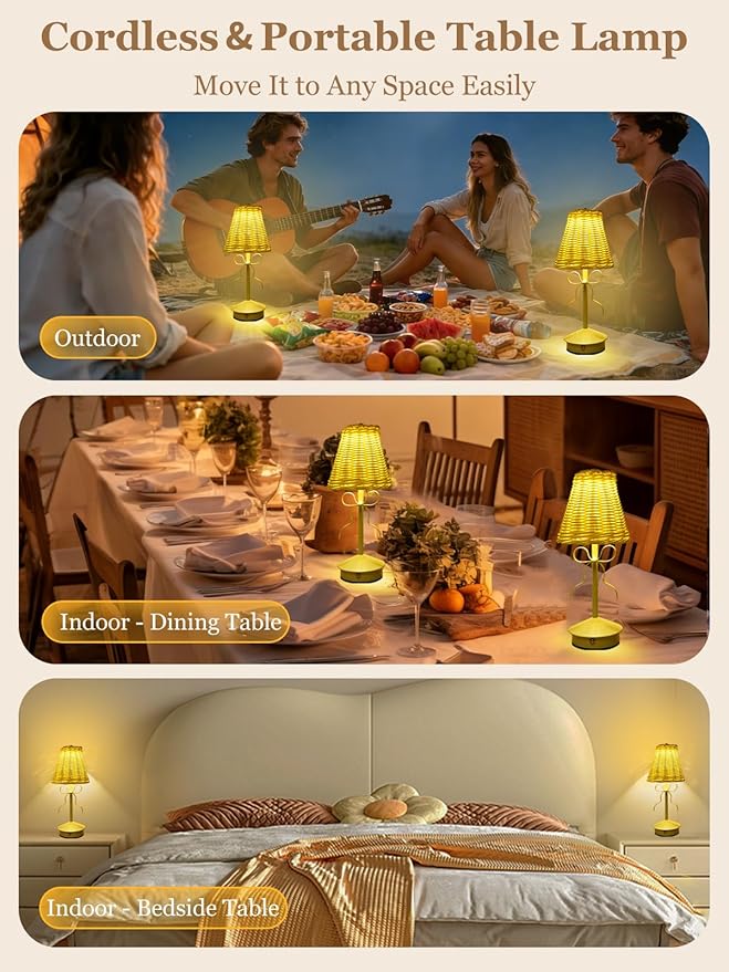 Boho Bow Rattan Table Lamp, Cordless Wicker Woven Vintage Table Lamp - LED Rechargeable Touch Control 3 Color Dimmable Reading Bedside Lamp for Bedroom Living Room Office, Home Outdoor Decor