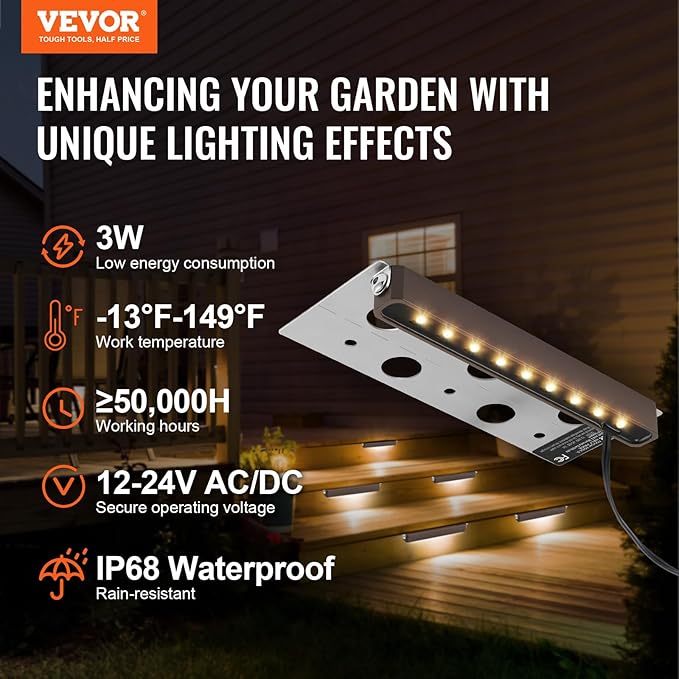 VEVOR LED Hardscape Lighting, 6.8 Inch Retaining Wall Lights, 3W 12V-24V AC/DC Low Voltage Paver Light, IP68 Waterproof Outdoor Step Lights, 3000K Swivel Hardscape with Connectors (8 Pack Soft White)