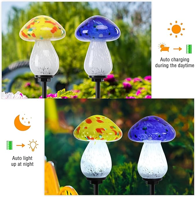 Bshine Mushroom Solar Outdoor Lights, 2 Pack Mushroom Lamp Handmade Blown Glass Waterproof Metal Stakes Decoration Garden, Outdoor Yard Art Decoration Pathway, Lawn Ornaments, Gift for Mom