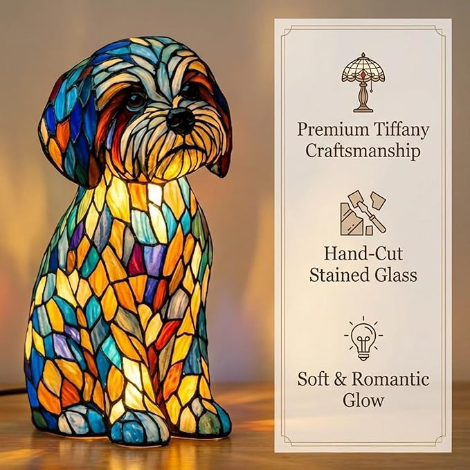 Rainbow Puppy Lamp Stained Glass Dog Night Light 3D Retro Stained Resin Rainbow Pup Lights Charge Powered Table Lamp Puppy Glow Lamps for Home Bedroom Desk (Dog-A)