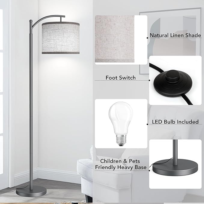 ROTTOGOON Floor Lamp for Living Room with 3 Color Temperatures LED Bulb, Standing Lamp Tall Industrial Floor Lamp Reading for Bedroom, Office (9W LED Bulb, Beige Lampshade Included) -Grey