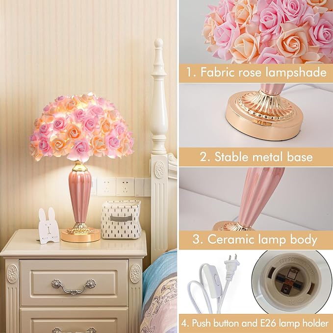 Pink Flowers Lamp Fabric Flower Bedside Lamp Romantic Rose Bouquet Table Lamp for Wedding Decor Girl Bedroom Valentines Dating Living Room Hotel Office
