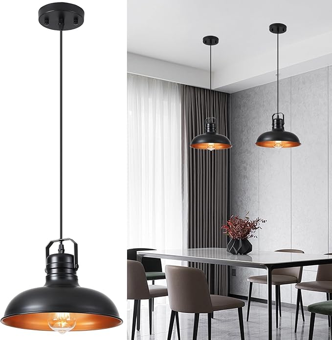 Industrial Pendant Light, 10.5 Inch Farmhouse Small Black and Gold Chandelier, Vintage Hanging Light Fixture with 71'' Height Adjustable Cord for Kitchen Island, Dining Room, Bedroom - 2 Pack