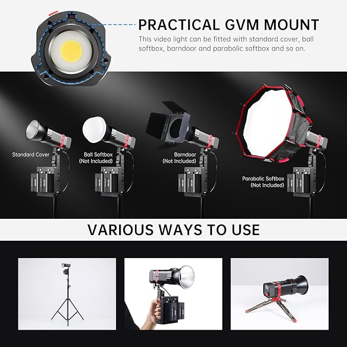 GVM 60W Video Light for COB Studio Lights, Portable Photography Lighting for Recording, Bowen Mount Adapter with Led Video Lighting, 2 Batteries, Spotlight for APP, Outdoor, 2700-6800K
