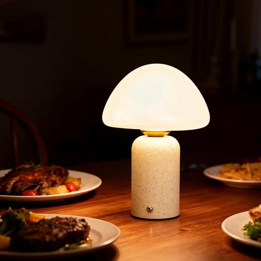 9.8 inch Mushroom Lamp, Cute Cordless Rechargeable Table Lamp with Glass Shade, 3 Color Temps LED Dimmable Ambient Lighting, Small Retro Touch Bedside Light for Decor, Resin Base.