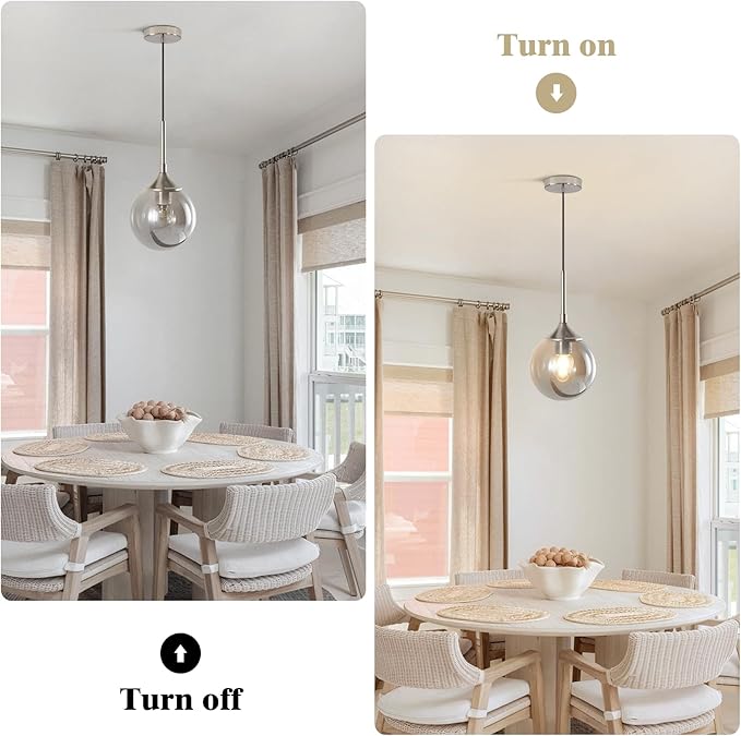 KCO Lighting 7.1” Smoked Glass Pendant Light Single Pendant Light Brushed Nickel Dining Room Light Fixtures Globe Hanging Light Fixture