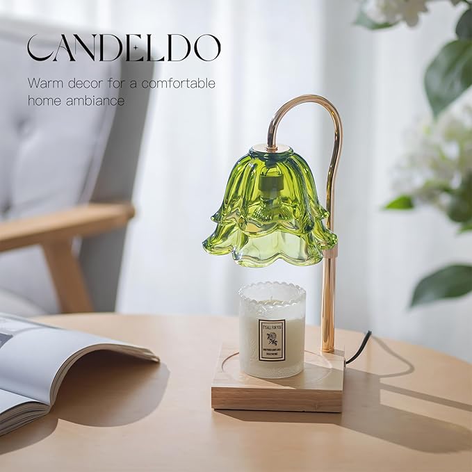 Candle Warmer Lamp with Timer: Green Flower Candle Warming Lamp with 2 Bulbs Height Adjustable Wax Warmer Dimmable Bedroom Decor Mothers Day Gift for Women
