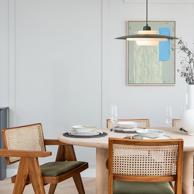 TeHenoo Mid Century Pendant Lights,Deep Green Shade,Milk White Glass,Adjustable Modern Large Pendant Lighting for Kitchen,Dining Room,Living Room