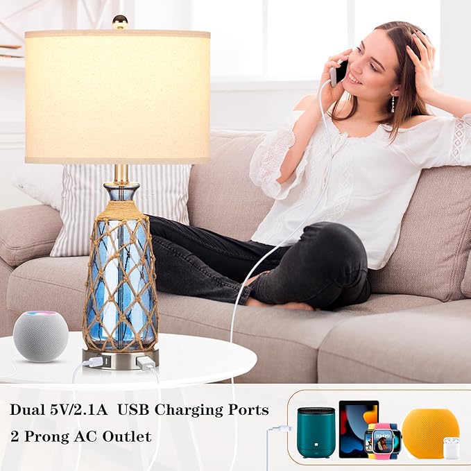 Coastal Glass Table Lamps, 3-Way Dimmable Touch Control Bedside Lamps with 2 USB Ports and AC Outlet, Blue Nautical Nightstand Lamps for Bedroom Living Room (LED Bulbs Included)