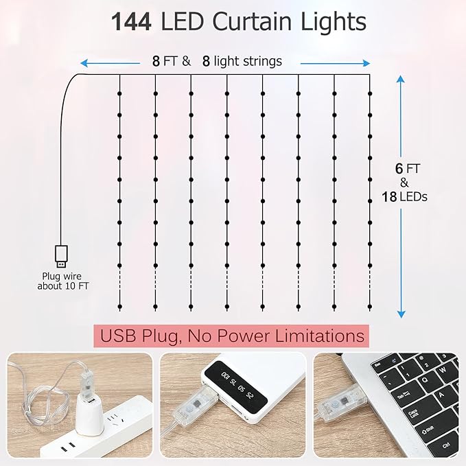 LED Curtain Lights, 6ft x 8ft 144 LED RGB Color Changing String Fairy Lights Curtain with Smart APP Control, Music &Voice Sync for Bedroom Backdrop Wall Indoor Outdoor Christmas Decorations