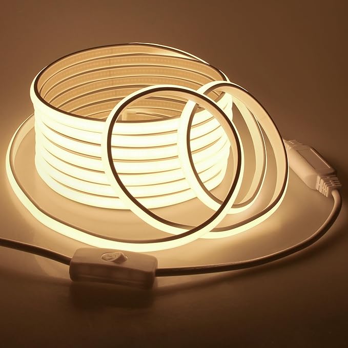 16.4FT COB LED Strip Lights 3000K Warm White Led Rope Lights Outdoor Waterproof with Switch Plug In 288Leds/M High Density AC110V-120V LED Tape Lights for Bedroom Backyards Holiday Decorations