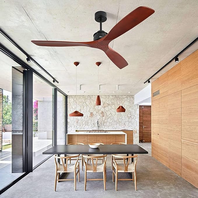 60 Inch Walnut Ceiling Fan with Remote Contro, 3 Wood Blade Ceiling Fans Without Lights, Ceiling Fan No Light with Timer, Noiseless Reversible DC Motor for Indoor Outdoor Farmhouse