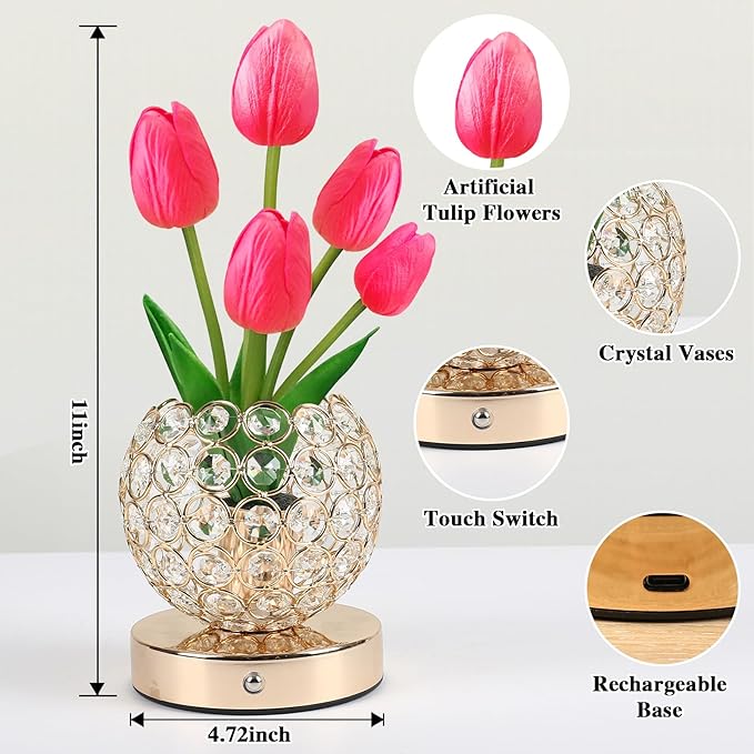 Mothers Day Gifts/Birthday Gifts for Women/Mom Table Lamp, 3 Color Crystal Flower Bedside Lamps Infinitely Dimming with USB Charge Small Night Light,Nightstand Touch Lamp for Bedroom (red-tulip)